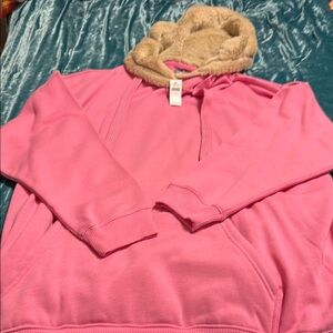 Aerie Pink Hoodie with Tan Fur Lining
